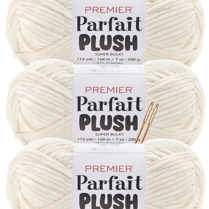 Premier Yarns Parfait Plush Thicker Super-Bulky 3-Pack with Tapestry Needles, 100% Polyester #6 Weight Skeins for Crochet Amigurumi and Soft Toys, 522 Yds