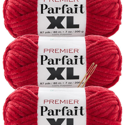 Premier Yarns Parfait XL Chenille Yarn 3-Pack with Tapestry Needles, 100% Polyester Jumbo #7 Weight Bulky Skeins for Crochet Amigurumi and Giant Plush Toys, 261 Yds Total (Parent)