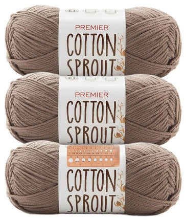 Premier Yarns Cotton Sprout Worsted Medium 3-Pack with Gauge Tool, 100% Natural Cotton #4 Weight Skeins for Crochet Dishcloths and Blankets, 540 Yds (Parent)