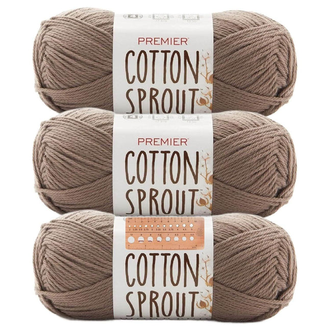 Premier Yarns Cotton Sprout Worsted Medium 3-Pack with Gauge Tool, 100% Natural Cotton #4 Weight Skeins for Crochet Dishcloths and Blankets, 540 Yds