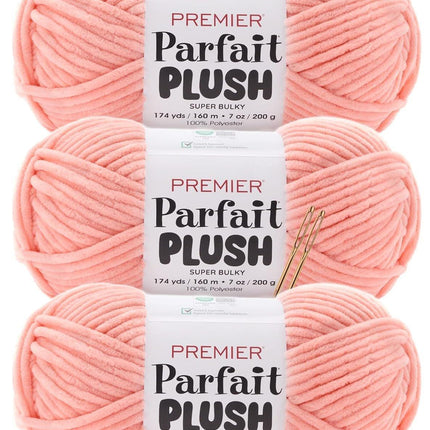 Premier Yarns Parfait Plush Thicker Super-Bulky 3-Pack with Tapestry Needles, 100% Polyester #6 Weight Skeins for Crochet Amigurumi and Soft Toys, 522 Yds