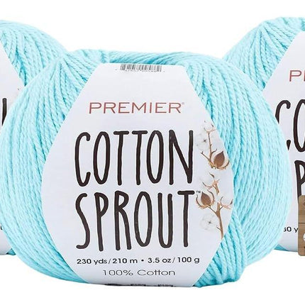 Premier Yarns Cotton Sprout DK Light 3-Pack with Gauge Tool, 100% Un-Mercerized Cotton #3 Weight Skeins for Crochet and Knitting, 690 Yds (Parent)