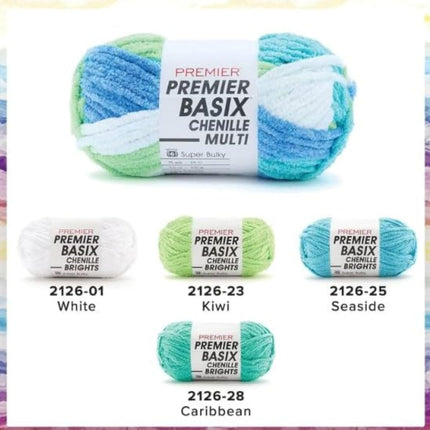 Premier Yarns Basix Chenille Multi Super-Bulky 3-Pack with Tapestry Needles, 100% Polyester #6 Weight Variegated Skeins for Crochet and Knitting, 225 Yds