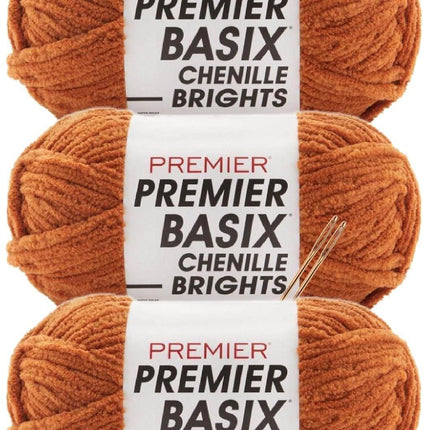 Premier Yarns Basix Chenille Brights Super-Bulky 3-Pack with Tapestry Needles, 100% Polyester #6 Weight Skeins for Crochet and Knitting Blankets, 336 Yds