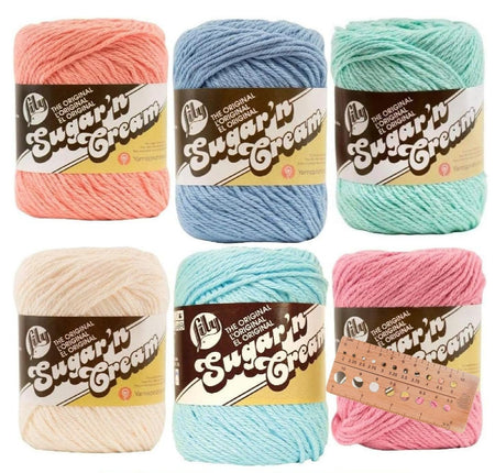 Variety Assortment Lily Sugar 'n Cream Yarn Bundle 100% Cotton Worsted #4 Weight Solids & Ombres with Needle Gauge (Mix 241)