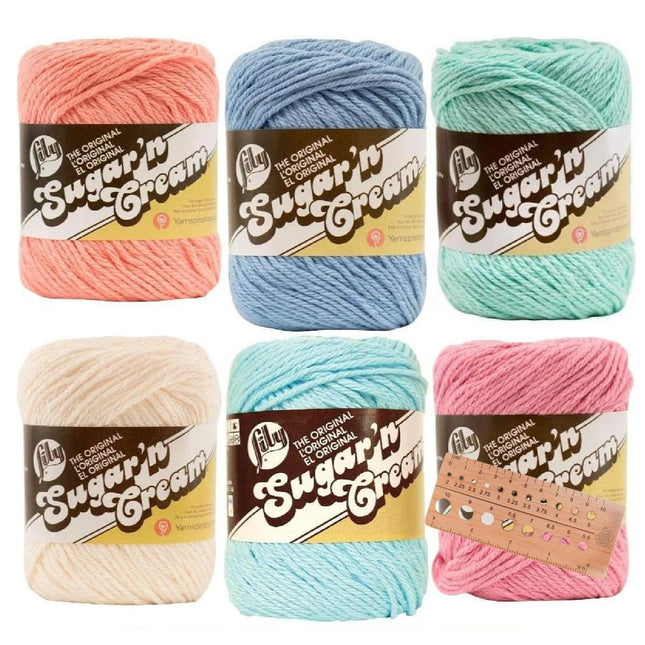 Variety Assortment Lily Sugar 'n Cream Yarn Bundle 100% Cotton Worsted #4 Weight Solids & Ombres with Needle Gauge (Mix 241)