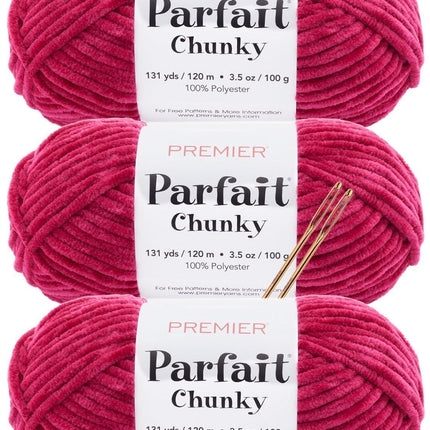 Premier Yarns Parfait Chunky Chenille Yarn - 3 Pack with Tapestry Needles, Super Bulky #6, Oeko-TEX Certified, 131 Yards Each (Parent)