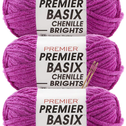 Premier Yarns Basix Chenille Brights Super-Bulky 3-Pack with Tapestry Needles, 100% Polyester #6 Weight Skeins for Crochet and Knitting Blankets, 336 Yds