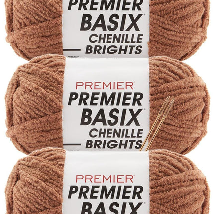 Premier Yarns Basix Chenille Brights Super-Bulky 3-Pack with Tapestry Needles, 100% Polyester #6 Weight Skeins for Crochet and Knitting Blankets, 336 Yds