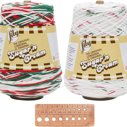 Lily Sugar n' Cream Holiday Cone Bundle 2-Pack 100% Cotton Medium 4 Worsted (Red, White, Green)