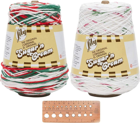 Lily Sugar n' Cream Holiday Cone Bundle 2-Pack 100% Cotton Medium 4 Worsted (Red, White, Green)