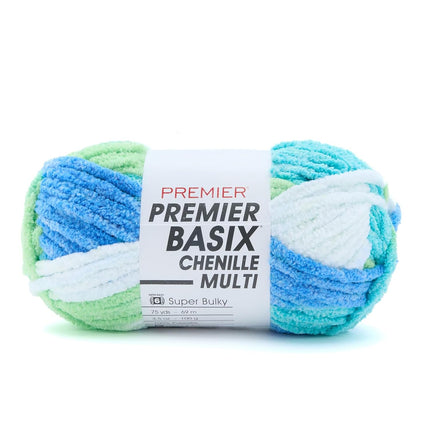 Premier Yarns Basix Chenille Multi Super-Bulky 3-Pack with Tapestry Needles, 100% Polyester #6 Weight Variegated Skeins for Crochet and Knitting, 225 Yds