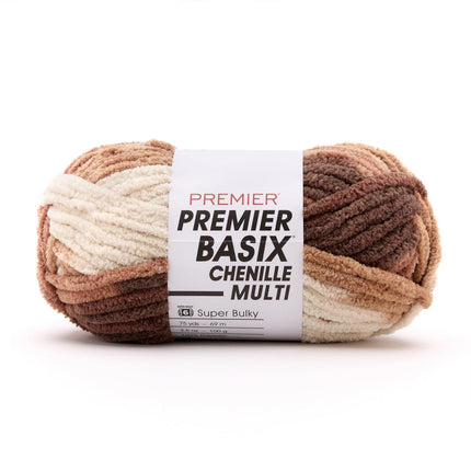 Premier Yarns Basix Chenille Multi Super-Bulky 3-Pack with Tapestry Needles, 100% Polyester #6 Weight Variegated Skeins for Crochet and Knitting, 225 Yds