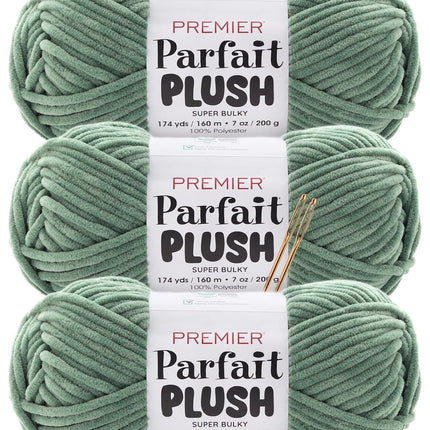 Premier Yarns Parfait Plush Thicker Super-Bulky 3-Pack with Tapestry Needles, 100% Polyester #6 Weight Skeins for Crochet Amigurumi and Soft Toys, 522 Yds
