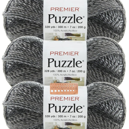 Premier Yarns Puzzle Bulky Yarn 3-Pack with Gauge Tool, 100% Acrylic Soft Self-Striping #5 Weight Craft Cakes for Crochet Sweaters and Blankets, 984 Yds Total