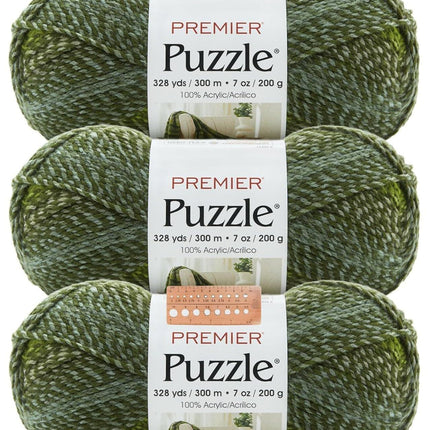 Premier Yarns Puzzle Bulky Yarn 3-Pack with Gauge Tool, 100% Acrylic Soft Self-Striping #5 Weight Craft Cakes for Crochet Sweaters and Blankets, 984 Yds Total