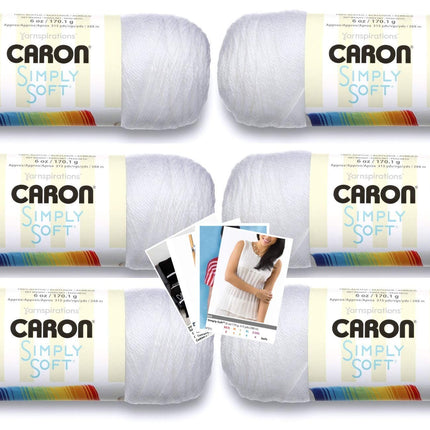 Caron Simply Soft Yarn - 6 Pack Bundle with Pattern Cards in Color (White)