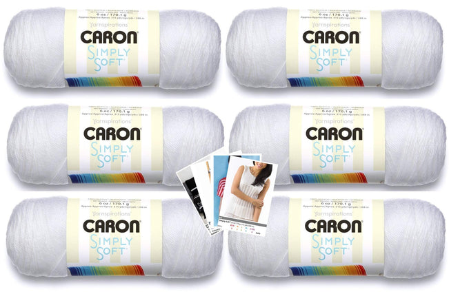 Caron Simply Soft Yarn - 6 Pack Bundle with Pattern Cards in Color (White)
