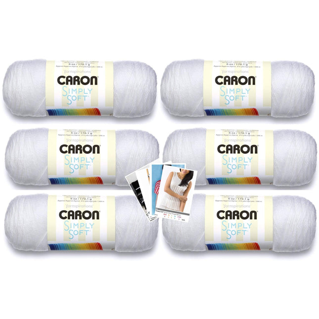 Caron Simply Soft Yarn - 6 Pack Bundle with Pattern Cards in Color (White)
