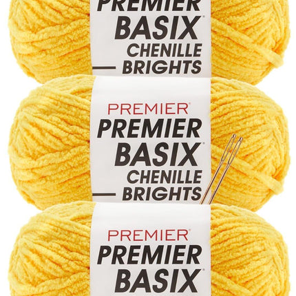 Premier Yarns Basix Chenille Brights Super-Bulky 3-Pack with Tapestry Needles, 100% Polyester #6 Weight Skeins for Crochet and Knitting Blankets, 336 Yds