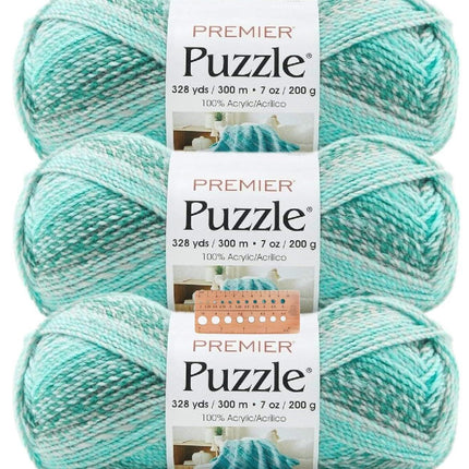 Premier Yarns Puzzle Bulky Yarn 3-Pack with Gauge Tool, 100% Acrylic Soft Self-Striping #5 Weight Craft Cakes for Crochet Sweaters and Blankets, 984 Yds Total