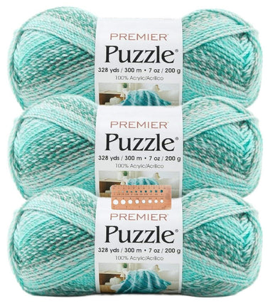 Premier Yarns Puzzle Bulky Yarn 3-Pack with Gauge Tool, 100% Acrylic Soft Self-Striping #5 Weight Craft Cakes for Crochet Sweaters and Blankets, 984 Yds Total