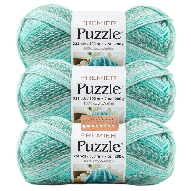 Premier Yarns Puzzle Bulky Yarn 3-Pack with Gauge Tool, 100% Acrylic Soft Self-Striping #5 Weight Craft Cakes for Crochet Sweaters and Blankets, 984 Yds Total