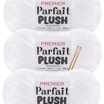 Premier Yarns Parfait Plush Thicker Super-Bulky 3-Pack with Tapestry Needles, 100% Polyester #6 Weight Skeins for Crochet Amigurumi and Soft Toys, 522 Yds