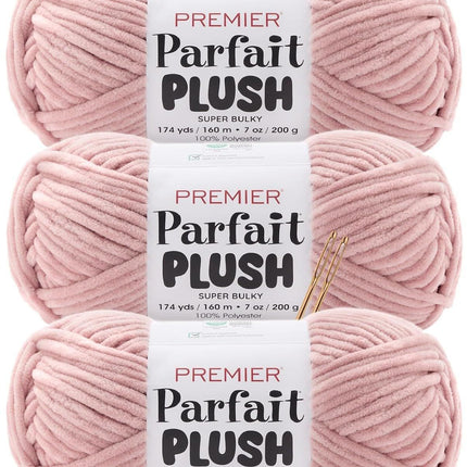 Premier Yarns Parfait Plush Thicker Super-Bulky 3-Pack with Tapestry Needles, 100% Polyester #6 Weight Skeins for Crochet Amigurumi and Soft Toys, 522 Yds