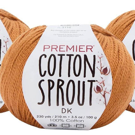Premier Yarns Cotton Sprout DK Light 3-Pack with Gauge Tool, 100% Un-Mercerized Cotton #3 Weight Skeins for Crochet and Knitting, 690 Yds (Parent)