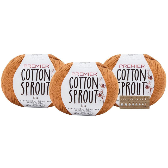 Premier Yarns Cotton Sprout DK Light 3-Pack with Gauge Tool, 100% Un-Mercerized Cotton #3 Weight Skeins for Crochet and Knitting, 690 Yds