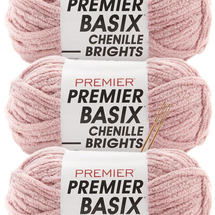 Premier Yarns Basix Chenille Brights Super-Bulky 3-Pack with Tapestry Needles, 100% Polyester #6 Weight Skeins for Crochet and Knitting Blankets, 336 Yds