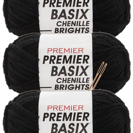 Premier Yarns Basix Chenille Brights Super-Bulky 3-Pack with Tapestry Needles, 100% Polyester #6 Weight Skeins for Crochet and Knitting Blankets, 336 Yds