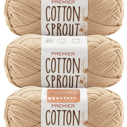 Premier Yarns Cotton Sprout Worsted Medium 3-Pack with Gauge Tool, 100% Natural Cotton #4 Weight Skeins for Crochet Dishcloths and Blankets, 540 Yds (Parent)