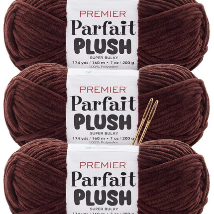 Premier Yarns Parfait Plush Thicker Super-Bulky 3-Pack with Tapestry Needles, 100% Polyester #6 Weight Skeins for Crochet Amigurumi and Soft Toys, 522 Yds