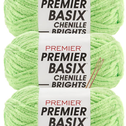 Premier Yarns Basix Chenille Brights Super-Bulky 3-Pack with Tapestry Needles, 100% Polyester #6 Weight Skeins for Crochet and Knitting Blankets, 336 Yds