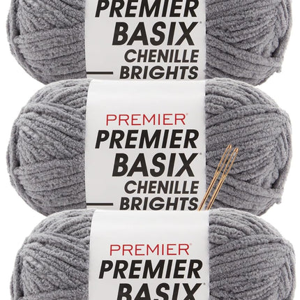 Premier Yarns Basix Chenille Brights Super-Bulky 3-Pack with Tapestry Needles, 100% Polyester #6 Weight Skeins for Crochet and Knitting Blankets, 336 Yds