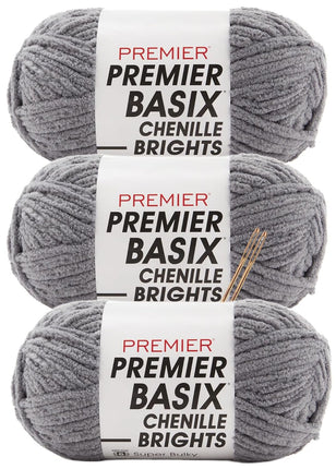 Premier Yarns Basix Chenille Brights Super-Bulky 3-Pack with Tapestry Needles, 100% Polyester #6 Weight Skeins for Crochet and Knitting Blankets, 336 Yds