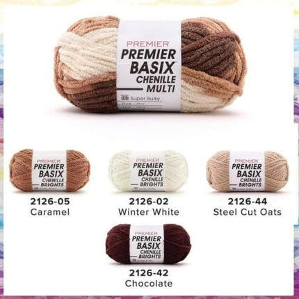 Premier Yarns Basix Chenille Multi Super-Bulky 3-Pack with Tapestry Needles, 100% Polyester #6 Weight Variegated Skeins for Crochet and Knitting, 225 Yds