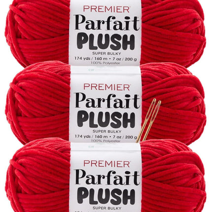 Premier Yarns Parfait Plush Thicker Super-Bulky 3-Pack with Tapestry Needles, 100% Polyester #6 Weight Skeins for Crochet Amigurumi and Soft Toys, 522 Yds