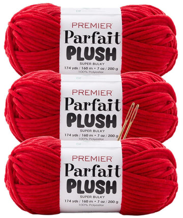 Premier Yarns Parfait Plush Thicker Super-Bulky 3-Pack with Tapestry Needles, 100% Polyester #6 Weight Skeins for Crochet Amigurumi and Soft Toys, 522 Yds