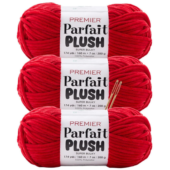 Premier Yarns Parfait Plush Thicker Super-Bulky 3-Pack with Tapestry Needles, 100% Polyester #6 Weight Skeins for Crochet Amigurumi and Soft Toys, 522 Yds