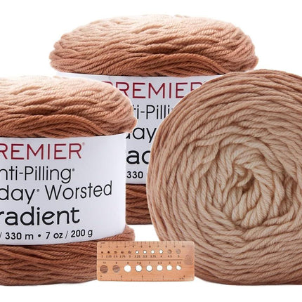 Premier Yarns Everyday Worsted Gradient 3-Pack with Gauge Tool, 100% Anti-Pilling Acrylic #4 Medium Ombre Cakes for Crochet and Knitting, 1080 Yds