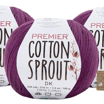 Premier Yarns Cotton Sprout DK Light 3-Pack with Gauge Tool, 100% Un-Mercerized Cotton #3 Weight Skeins for Crochet and Knitting, 690 Yds (Parent)