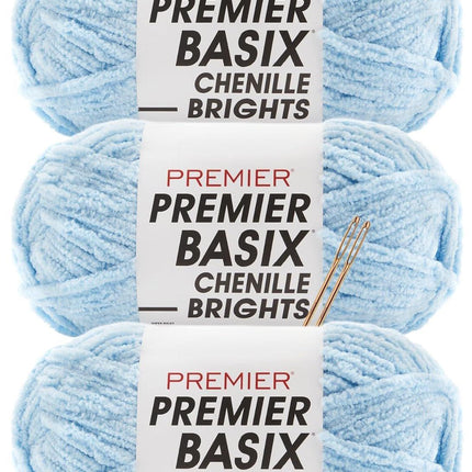 Premier Yarns Basix Chenille Brights Super-Bulky 3-Pack with Tapestry Needles, 100% Polyester #6 Weight Skeins for Crochet and Knitting Blankets, 336 Yds