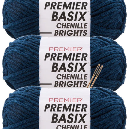Premier Yarns Basix Chenille Brights Super-Bulky 3-Pack with Tapestry Needles, 100% Polyester #6 Weight Skeins for Crochet and Knitting Blankets, 336 Yds