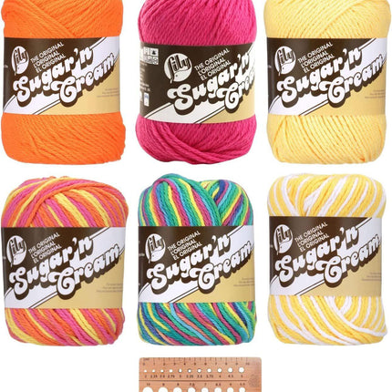 Lily Sugar 'n Cream Yarn Bundle 100% Cotton Worsted #4 Weight Includes Bamboo Knitting Gauge (Lily Mix Parent)