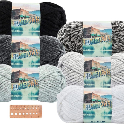 Lion Brand Yarn - Hometown - 6 Skein Assortment with Needle Gauge (Grayscale)