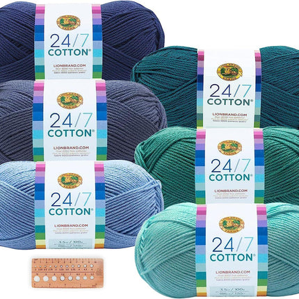 Lion Brand Yarn - 24/7 Cotton - 6 Skein Assortment (Ocean)